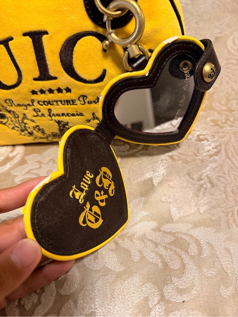 Juicy Couture Yellow Velvet Dome Satchel with Dark Brown Trim and Heart Charm - Picture 7 of 10